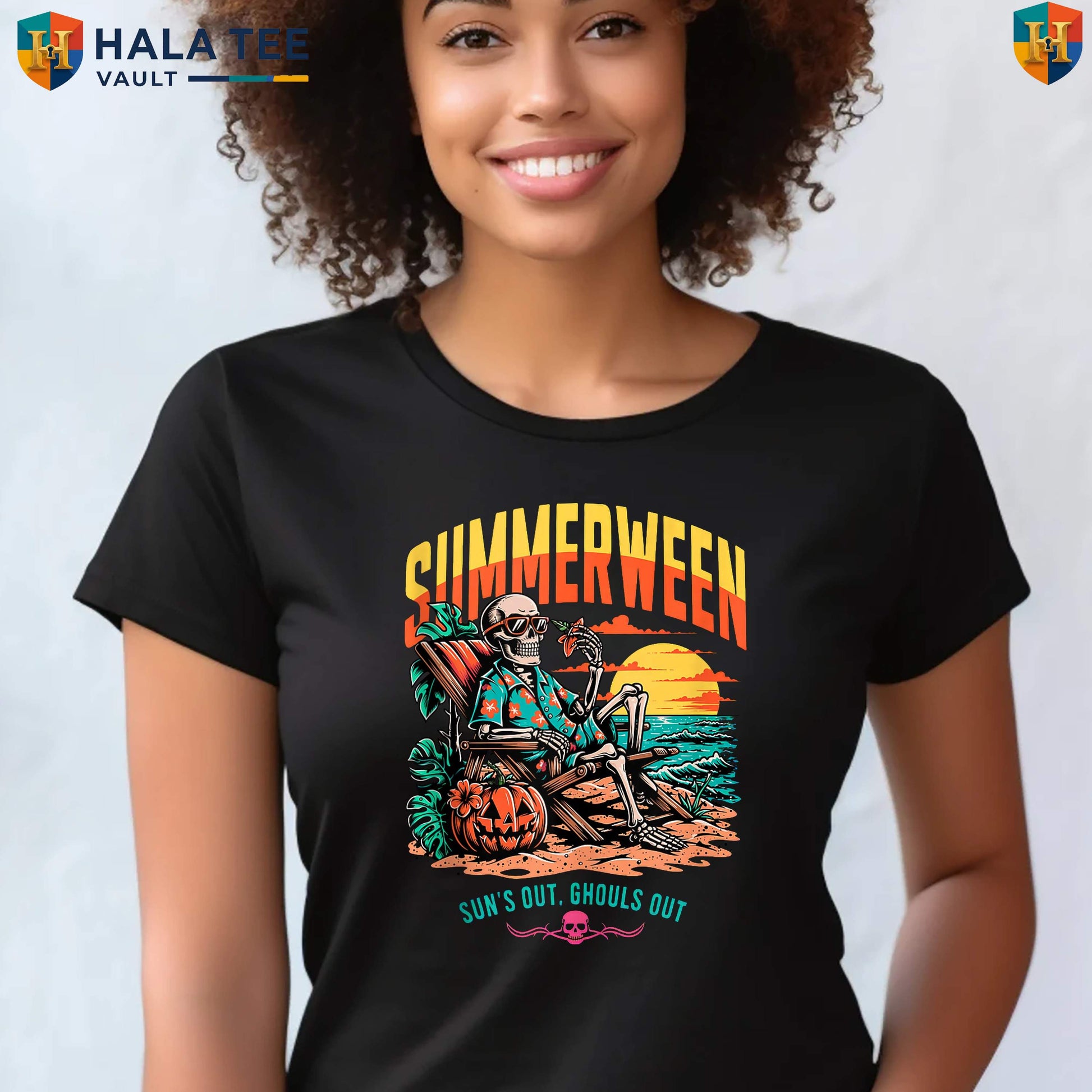 Summerween Beach Skeleton T-Shirt Travel Halloween Holiday Vacation Apparel