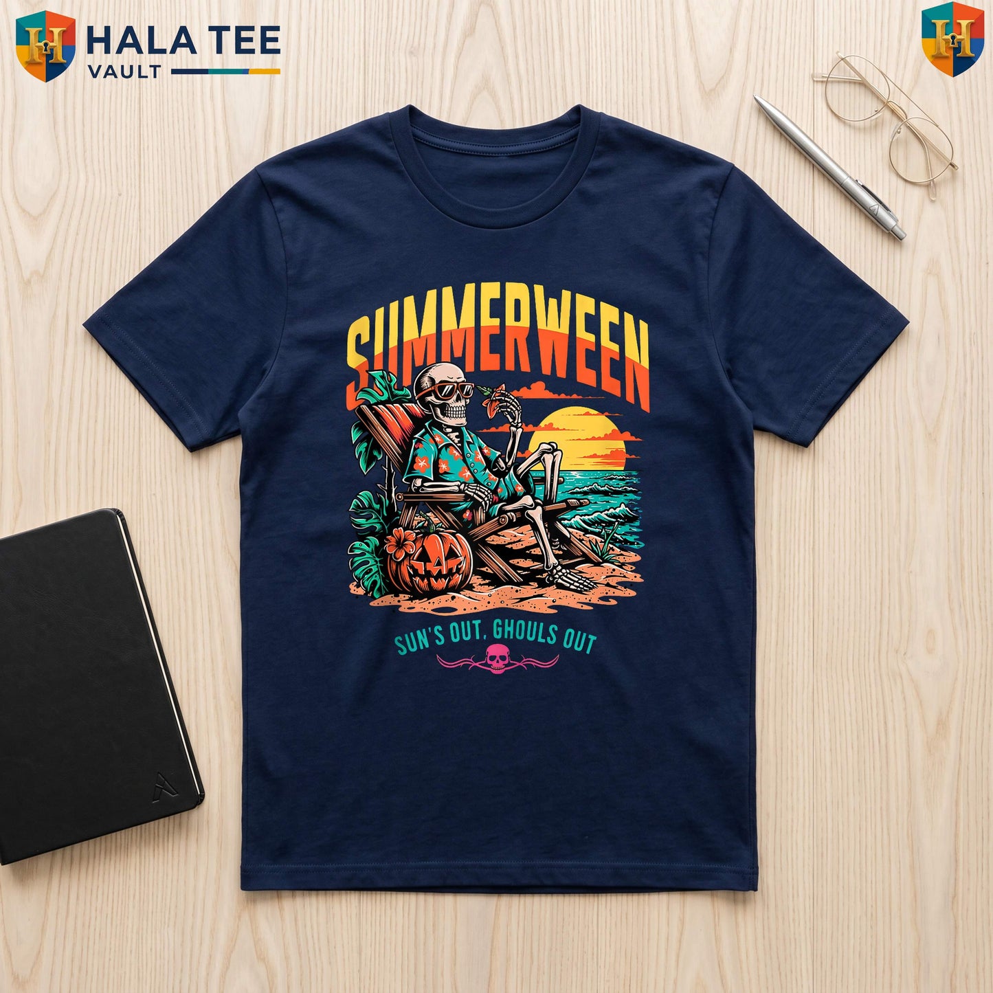 Summerween Beach Skeleton Tee Travel Halloween Holiday Vacation Apparel