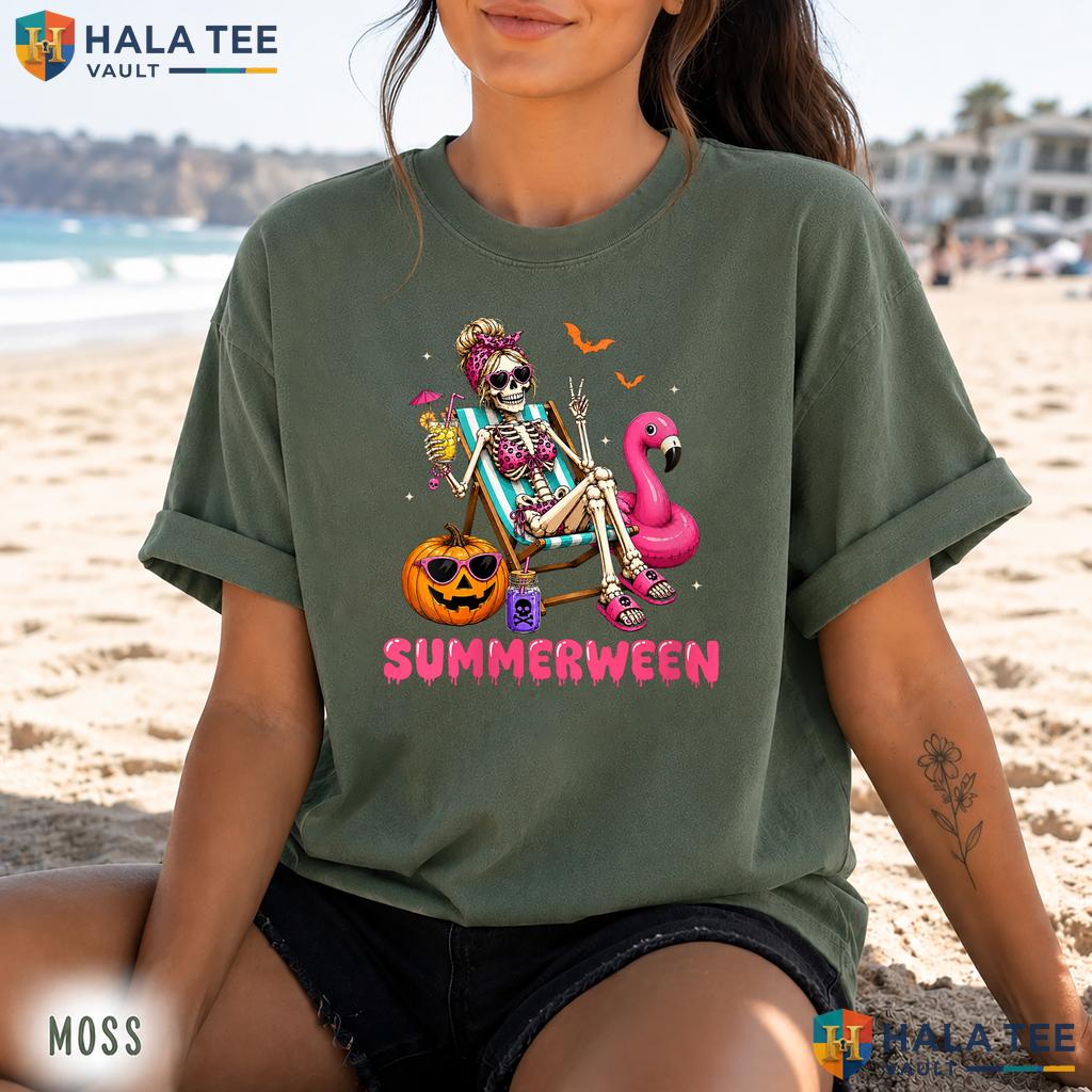 Summerween Flamingo Float Retro Style T-Shirt Skeleton Beach Apparel Top