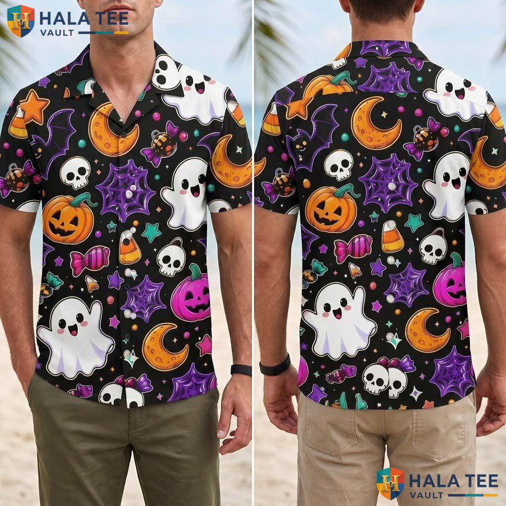 Summerween Pumpkin Halloween Hawaiian Shirt Cute Ghost Skeleton Top Adult