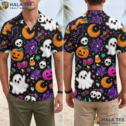 Summerween Pumpkin Halloween Hawaiian Shirt Cute Ghost Skeleton Top Adult