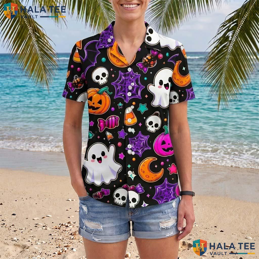 Summerween Pumpkin Halloween Hawaiian Shirt Cute Ghost Skeleton Top Adult