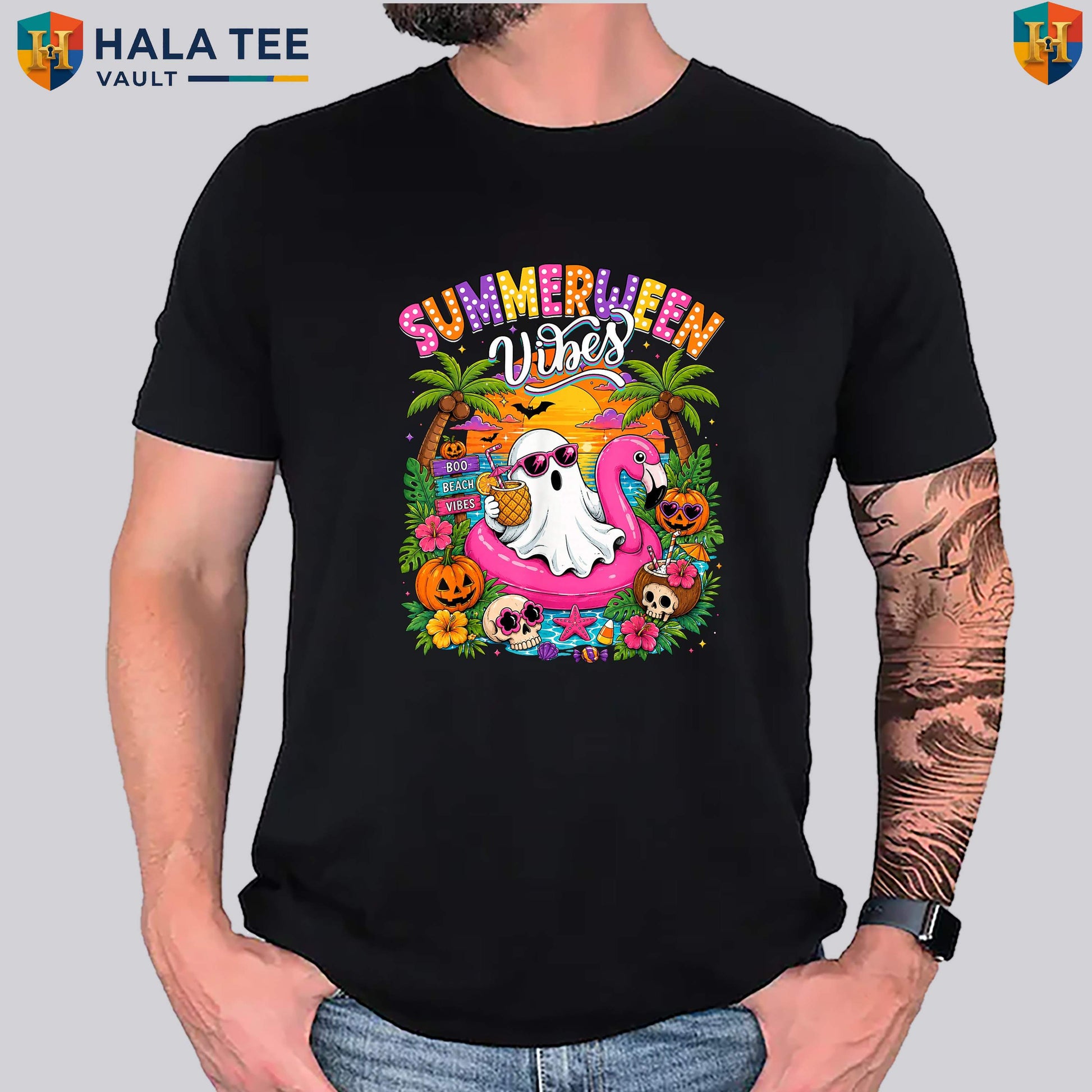 Summerween Vibes Ghost Beach T-Shirt Spooky Summer Halloween Vacation Apparel