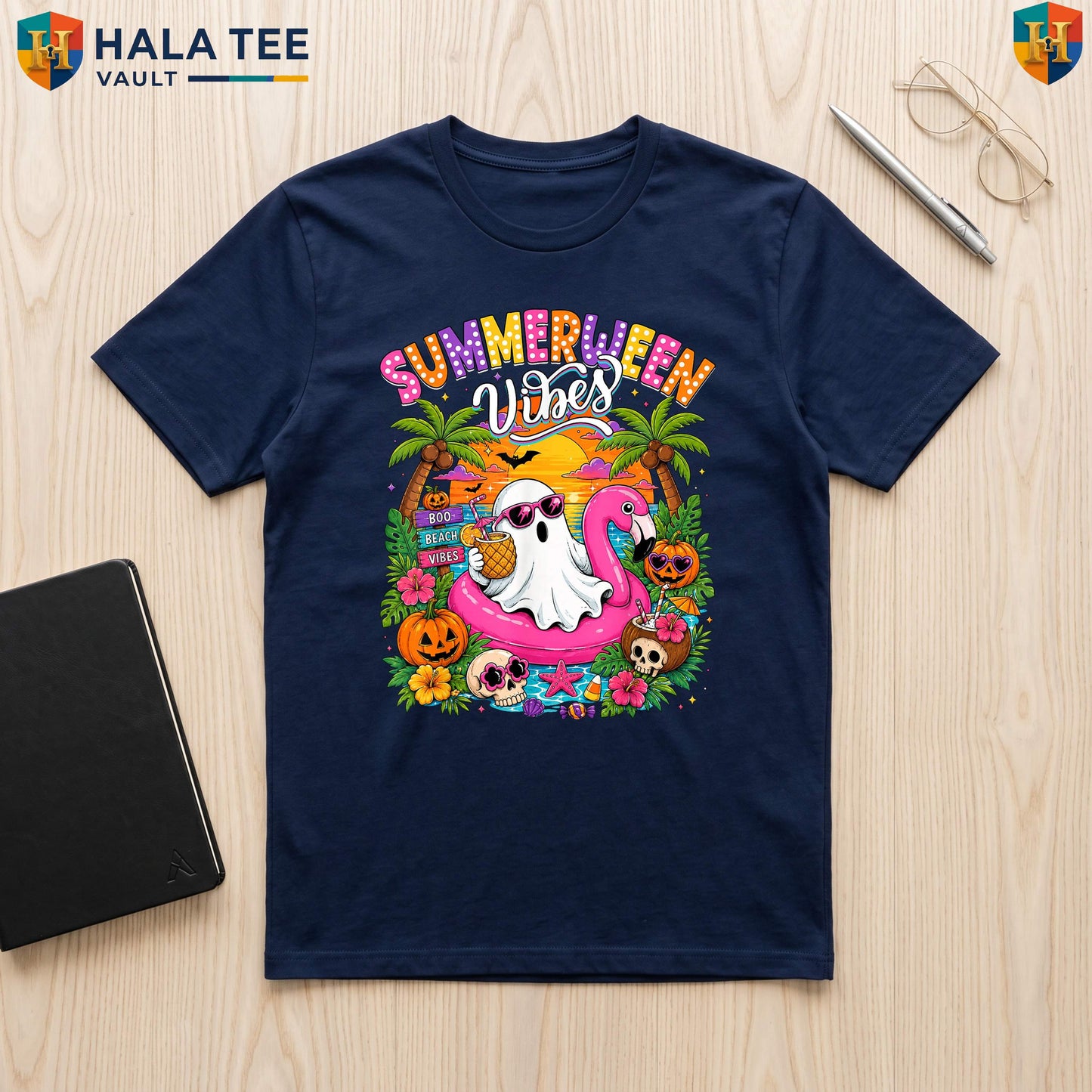 Summerween Vibes Ghost Beach Tee Spooky Summer Halloween Vacation Apparel