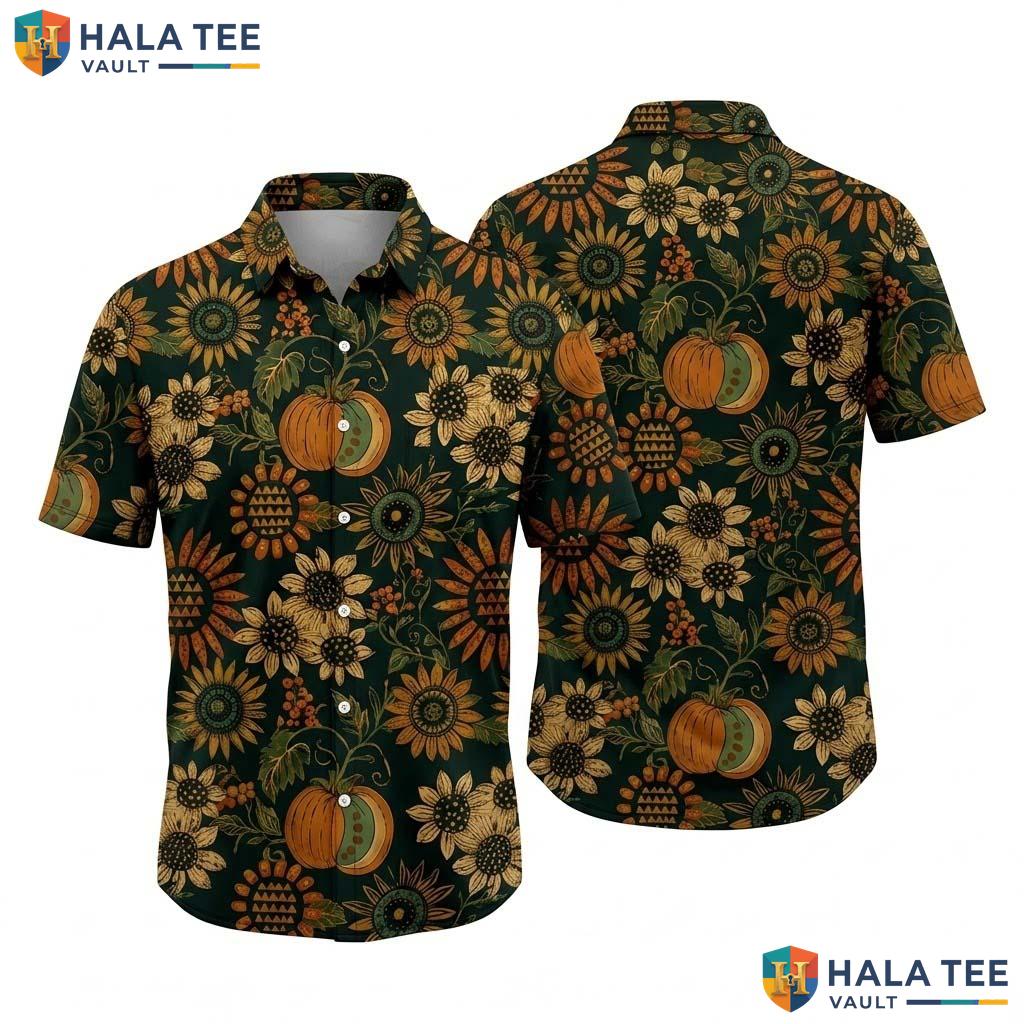 Sunflower Turkey Thanksgiving Hawaiian Shirt Fall Print Button Up Mens