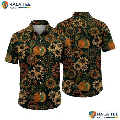 Sunflower Turkey Thanksgiving Hawaiian Shirt Fall Print Button Up Mens