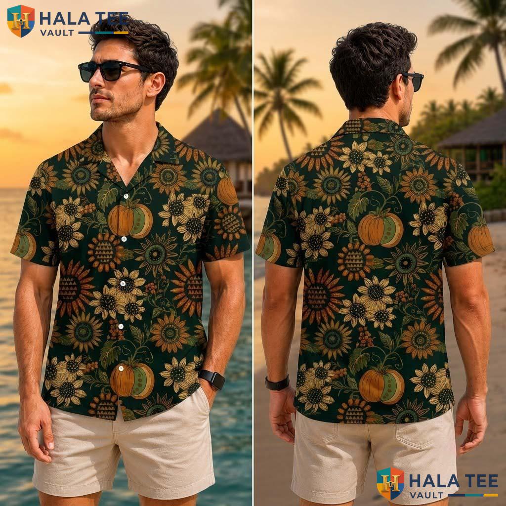 Sunflower Turkey Thanksgiving Tropical Shirt Fall Print Button Up Mens