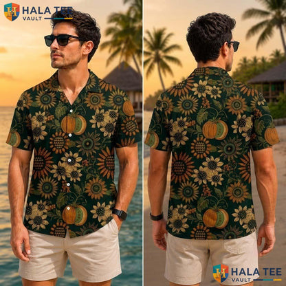 Sunflower Turkey Thanksgiving Tropical Shirt Fall Print Button Up Mens