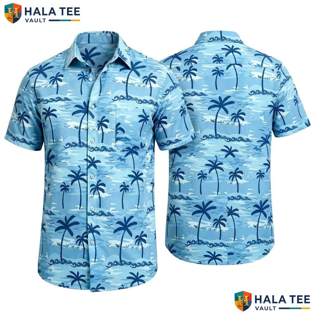 Sunset Blue Palm Hawaiian Shirt Mens Tropical Casual Summer Beach Outfit