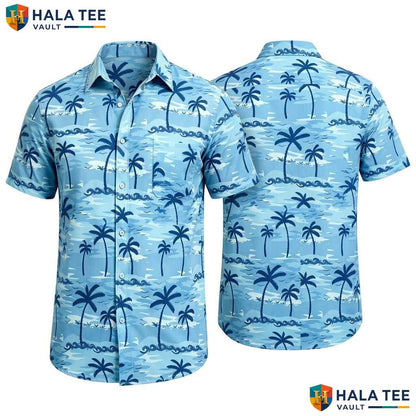 Sunset Blue Palm Hawaiian Shirt Mens Tropical Casual Summer Beach Outfit