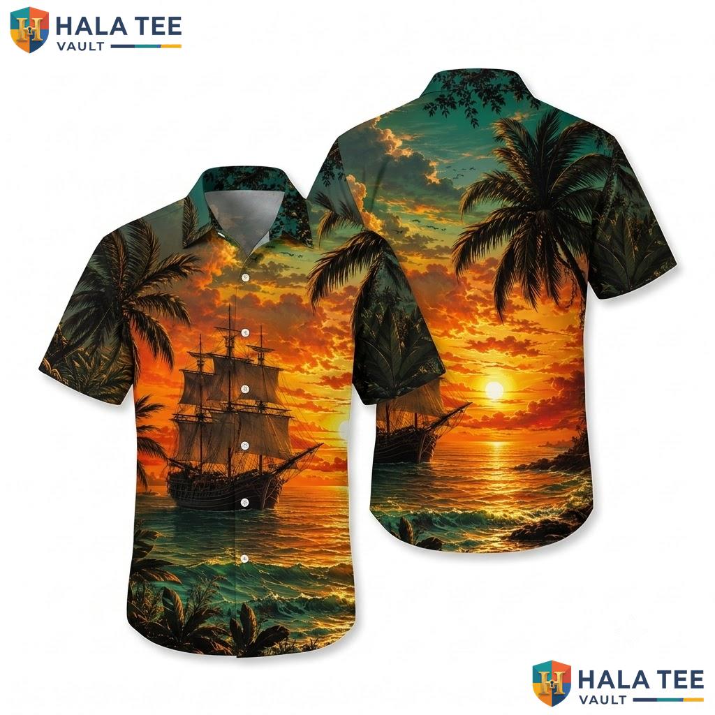 Sunset Sailboat Hawaiian Shirt Vibrant Tropical Ocean Wave Button Down