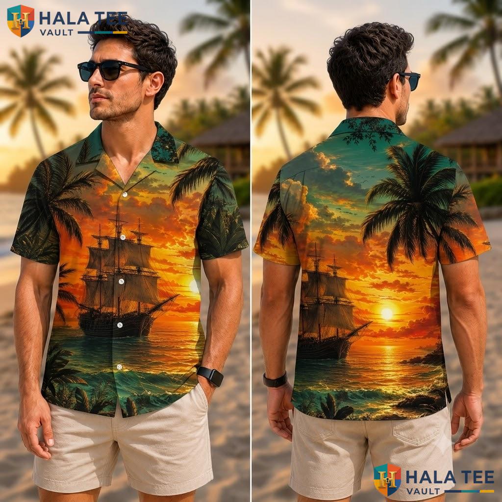 Sunset Sailboat Hawaiian Shirt Vibrant Tropical Ocean Wave Button Down Adult