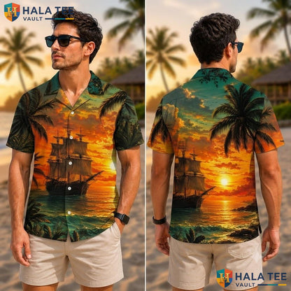 Sunset Sailboat Hawaiian Shirt Vibrant Tropical Ocean Wave Button Down Adult