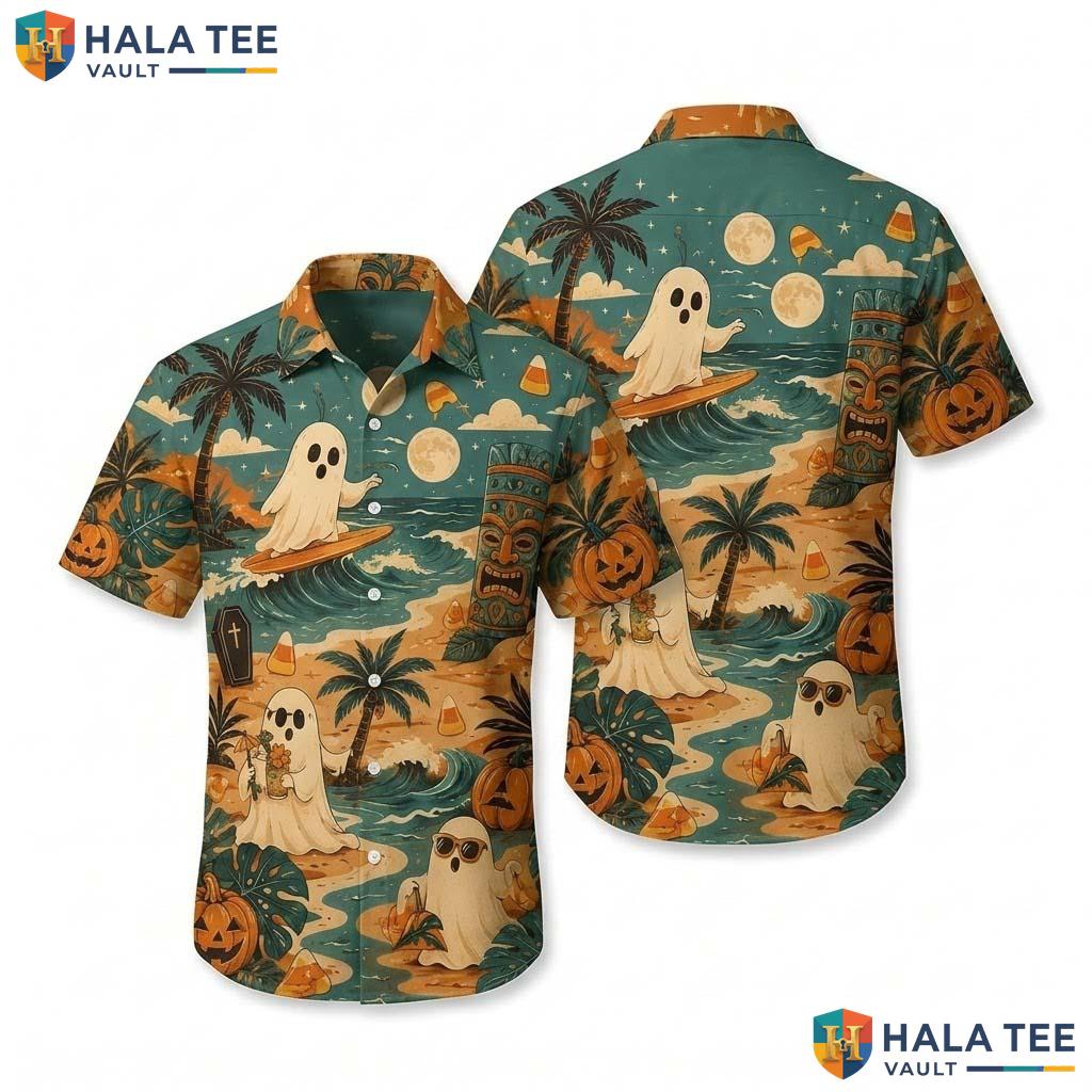 Surfing Ghost Halloween Hawaiian Shirt Tropical Pumpkin Aloha Top