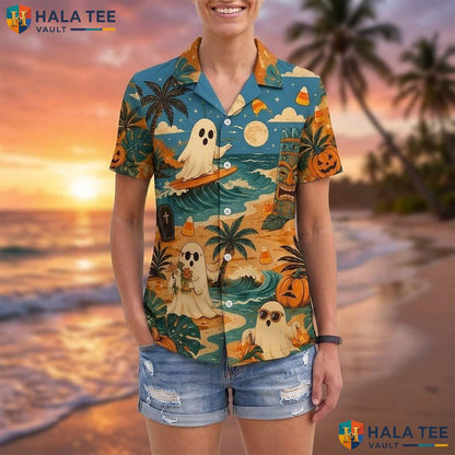 Surfing Ghost Halloween Hawaiian Shirt Tropical Pumpkin Aloha Top Adult