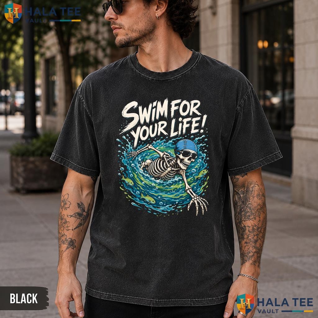 Swim For Life Washed T-Shirt Funny Skeleton Swimming Halloween Apparel