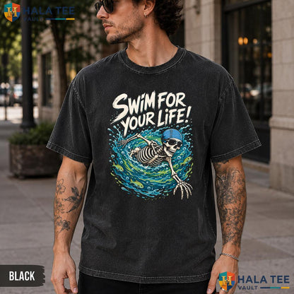 Swim For Life Washed T-Shirt Funny Skeleton Swimming Halloween Apparel