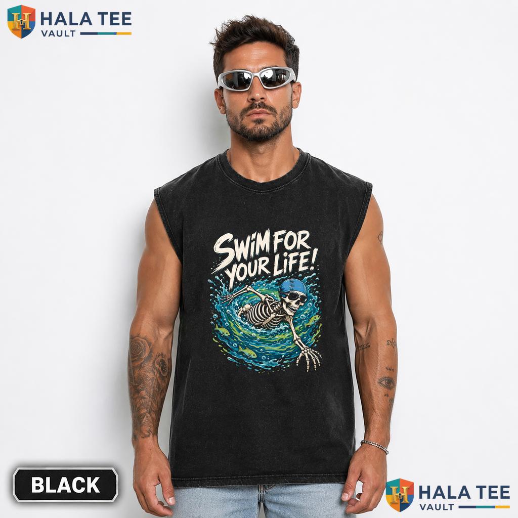 Swim For Life Streetwear Washed T-Shirt Funny Skeleton Swimming Halloween Apparel