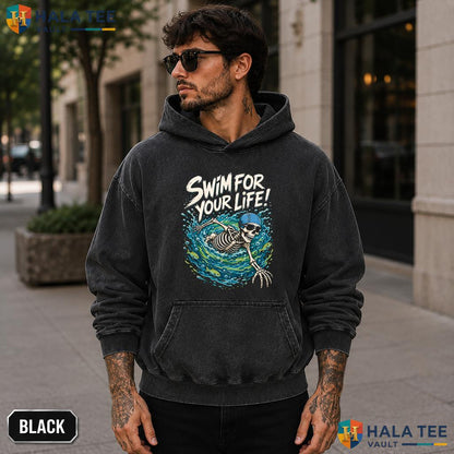 Swim For Life Acid Washed T-Shirt Funny Skeleton Swimming Halloween Apparel