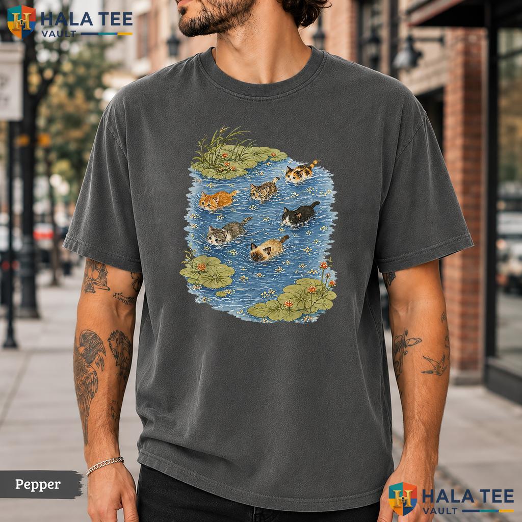 Swimming Cats In Pond Comfort Colors T-Shirt Cute Vintage Pet Lover Apparel