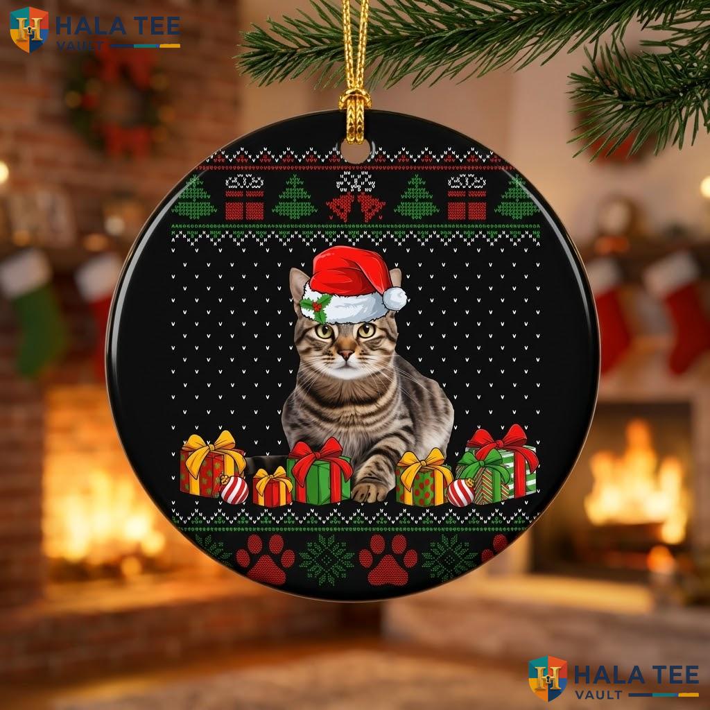 Tabby Cat Santa Hat Christmas Ornament Funny Xmas Pajamas Holiday Gift