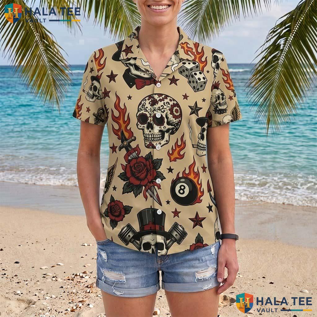 Tattoo Rockabilly Halloween Hawaiian Shirt Skull Punk Vintage Aloha Adult