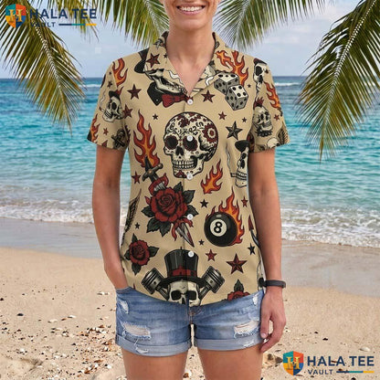Tattoo Rockabilly Halloween Hawaiian Shirt Skull Punk Vintage Aloha Adult