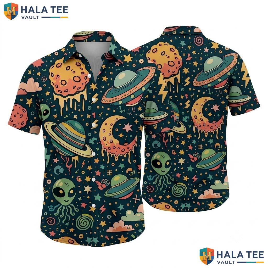 Teal Alien Funny Hawaiian Shirt Mens Crazy Graphic Vacation Apparel