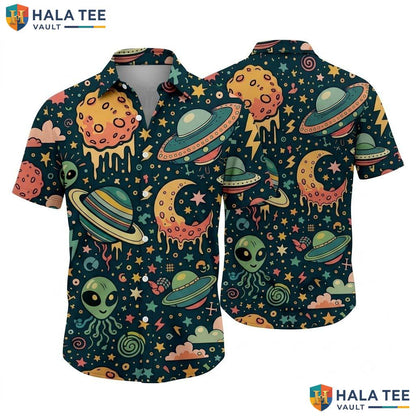 Teal Alien Funny Hawaiian Shirt Mens Crazy Graphic Vacation Apparel