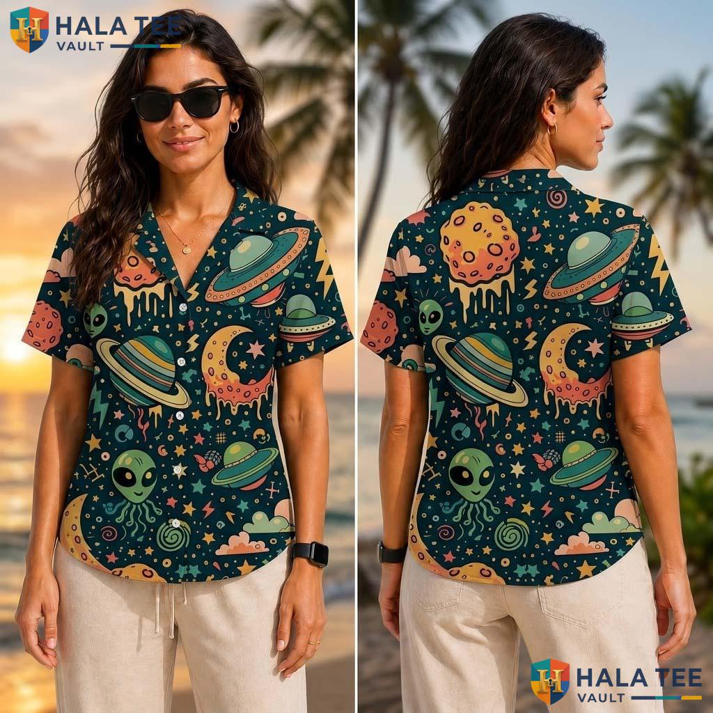 Teal Alien Funny Tropical Shirt Mens Crazy Graphic Vacation Apparel