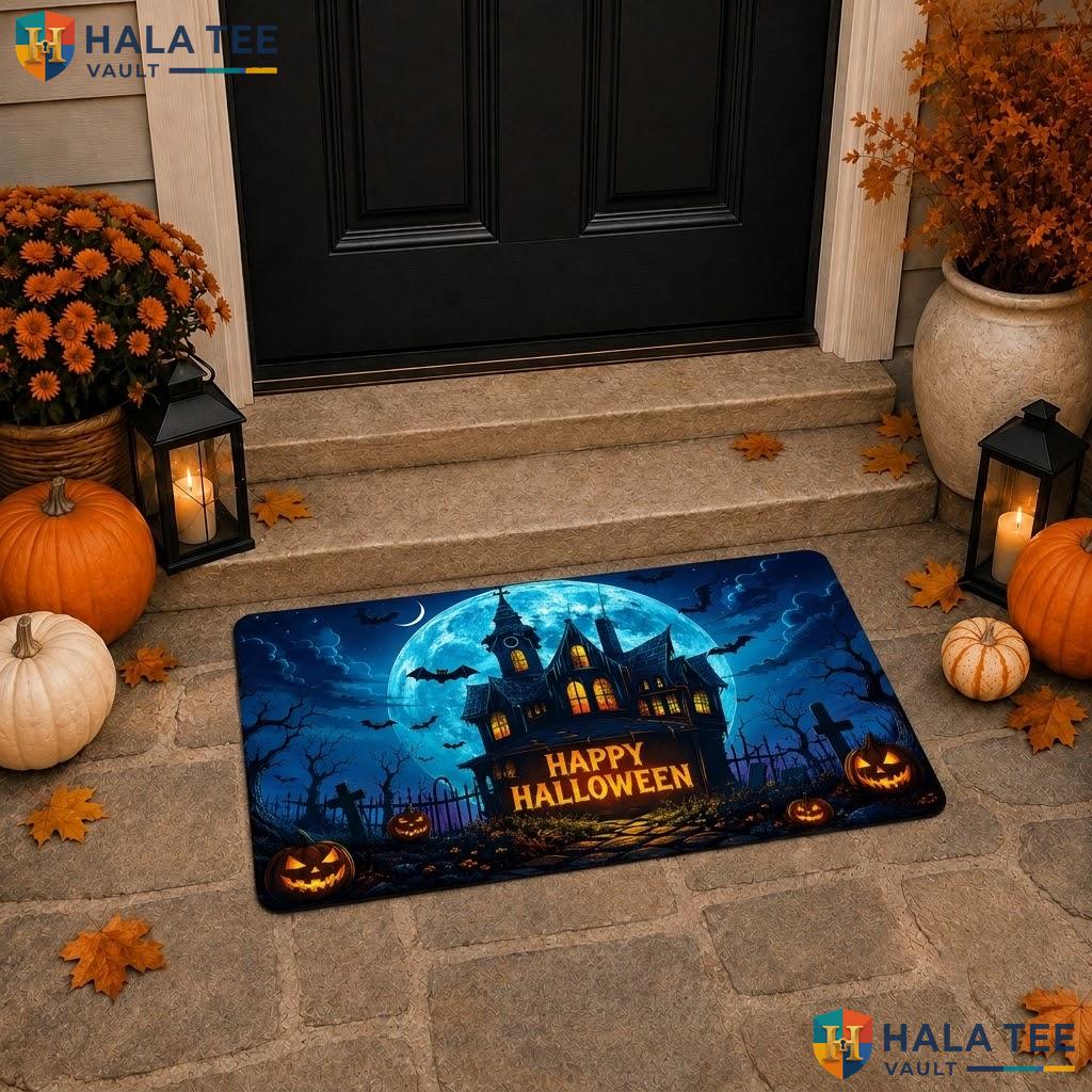 Teal Blue Halloween Doormat Trick Or Treat Spooky Front Porch Entry Rug Top
