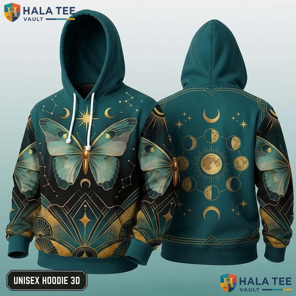 Teal Butterfly Celestial Thanksgiving 3D Hoodie Moons Sun Unisex Top