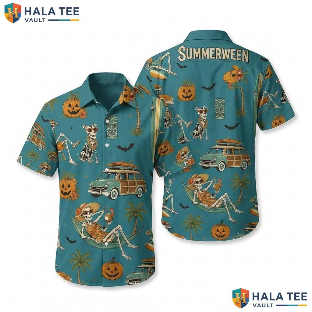 Teal Summerween Halloween Hawaiian Shirt Tropical Skeleton Retro Top