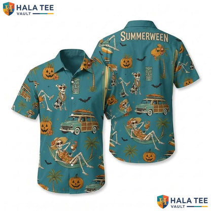 Teal Summerween Halloween Hawaiian Shirt Tropical Skeleton Retro Top