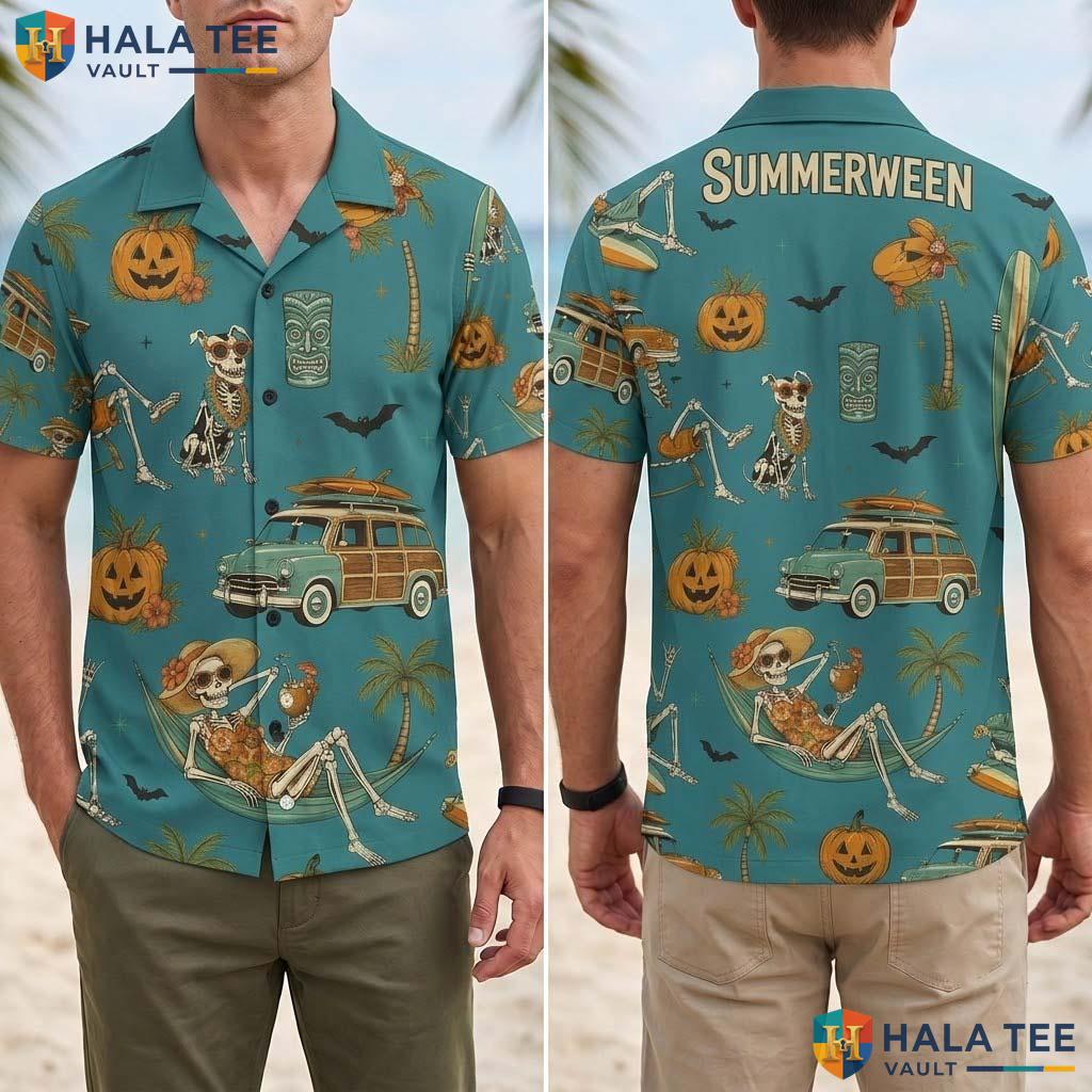 Teal Summerween Halloween Hawaiian Shirt Tropical Skeleton Retro Top Adult