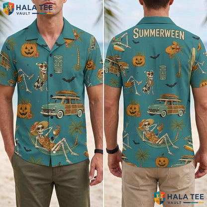 Teal Summerween Halloween Hawaiian Shirt Tropical Skeleton Retro Top Adult