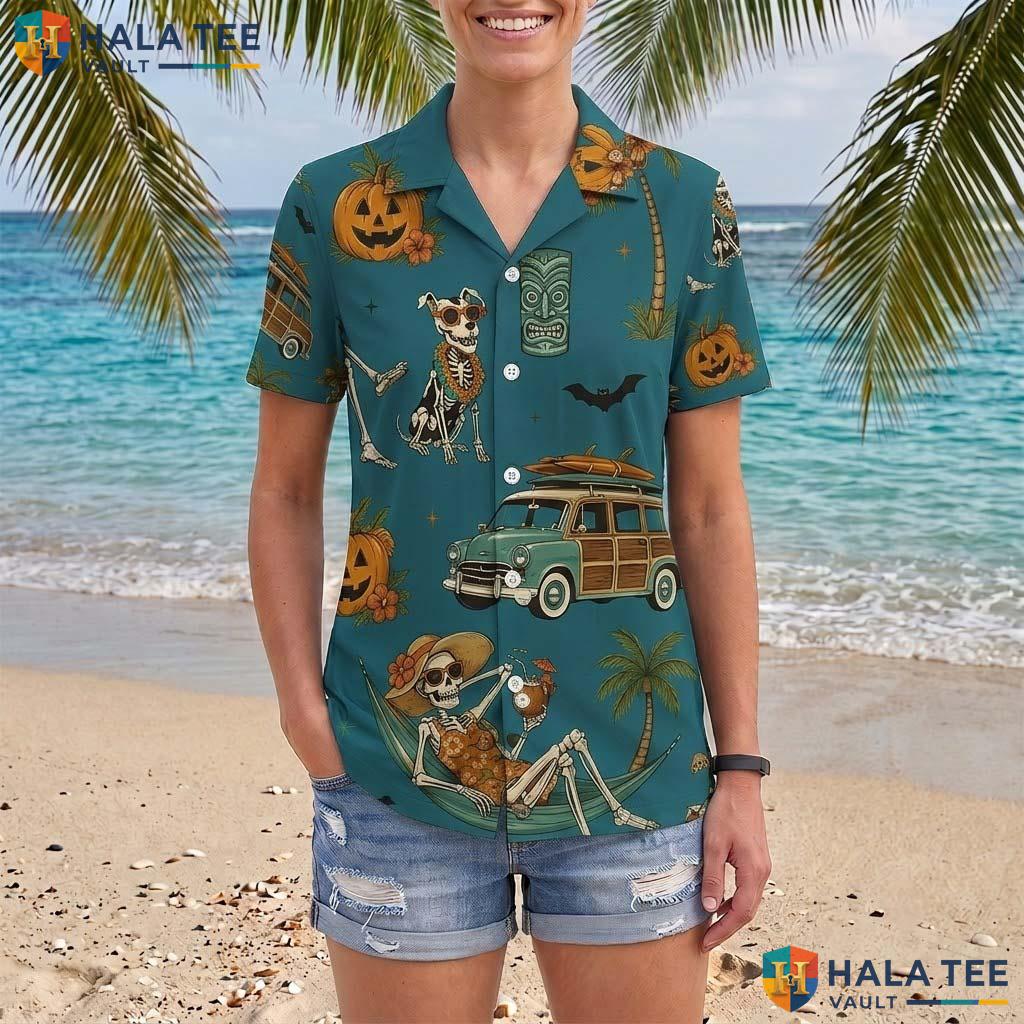 Teal Summerween Halloween Hawaiian Shirt Tropical Skeleton Retro Top Adult