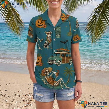 Teal Summerween Halloween Hawaiian Shirt Tropical Skeleton Retro Top Adult