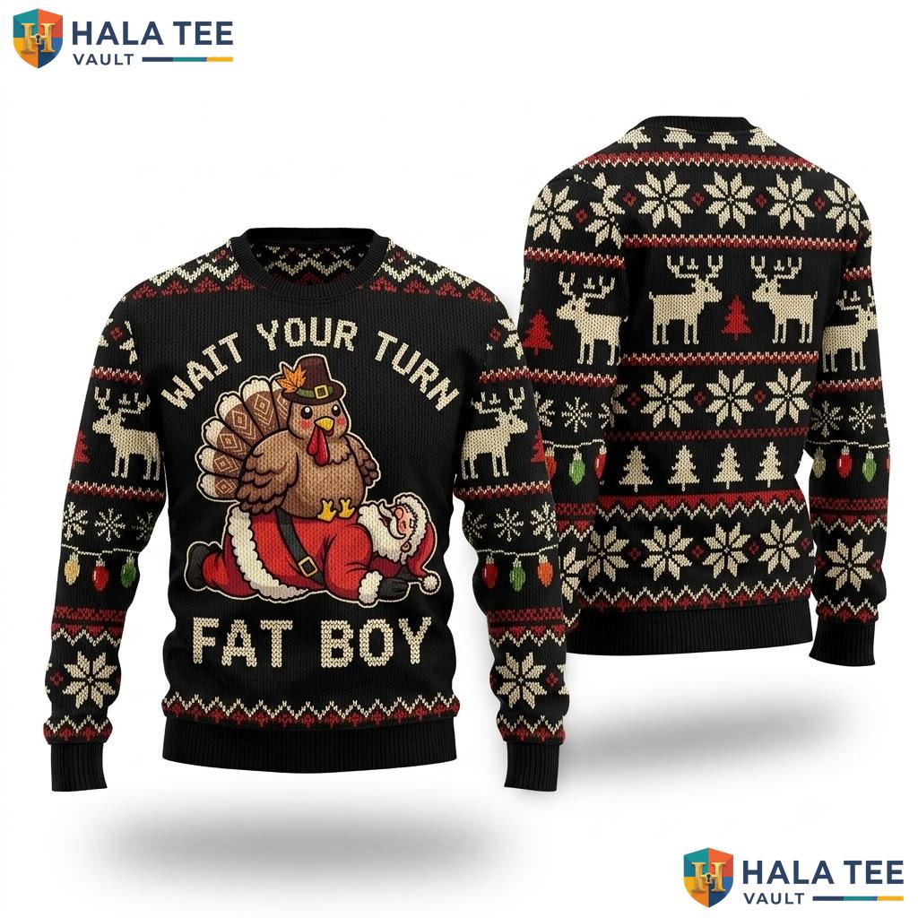 Thanksgiving Fat Boy Christmas Sweater Funny Santa Turkey Holiday