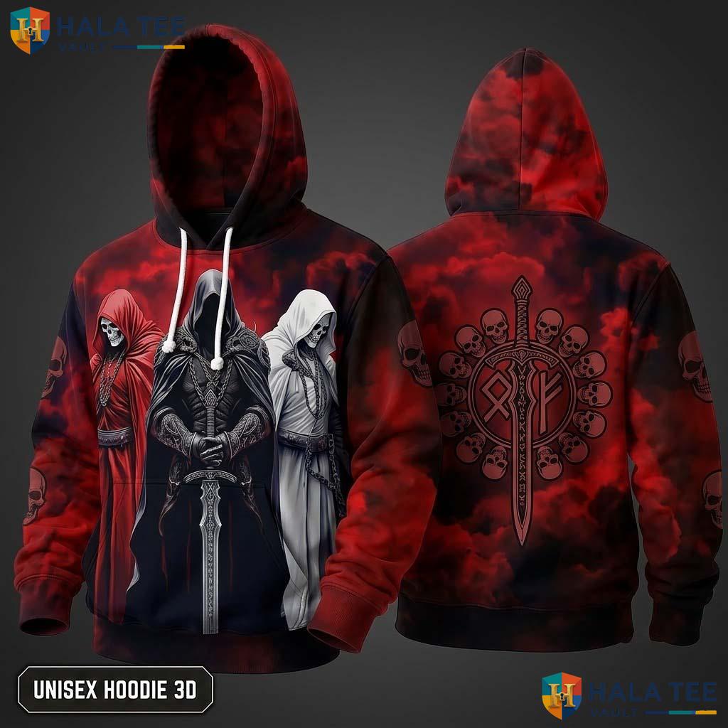 Three Figure Grim Reaper 3D Hoodie Vintage Bold Gothic Graphic Apparel