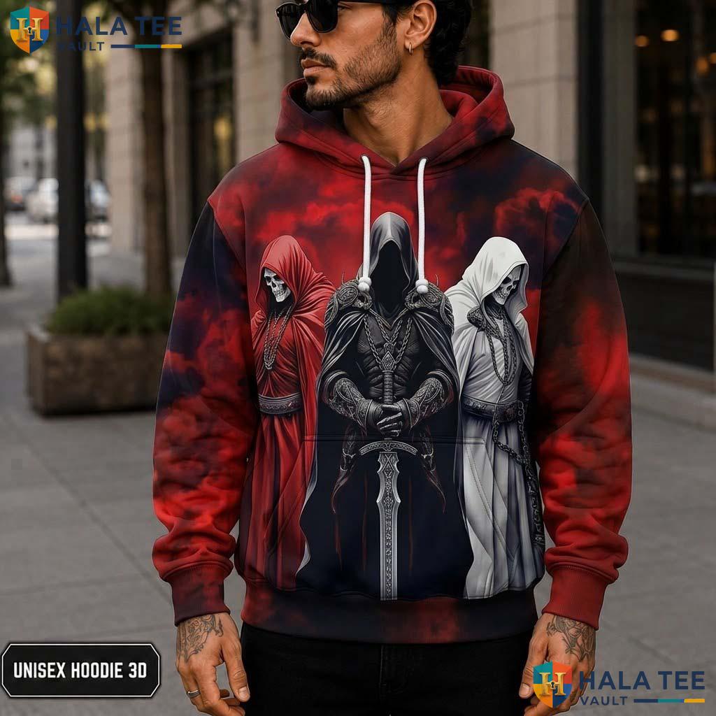 Three Figure Grim Reaper 3D Printed Hoodie Vintage Bold Gothic Graphic Apparel