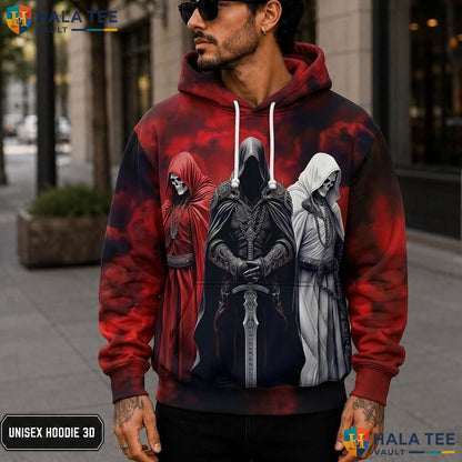 Three Figure Grim Reaper 3D Printed Hoodie Vintage Bold Gothic Graphic Apparel