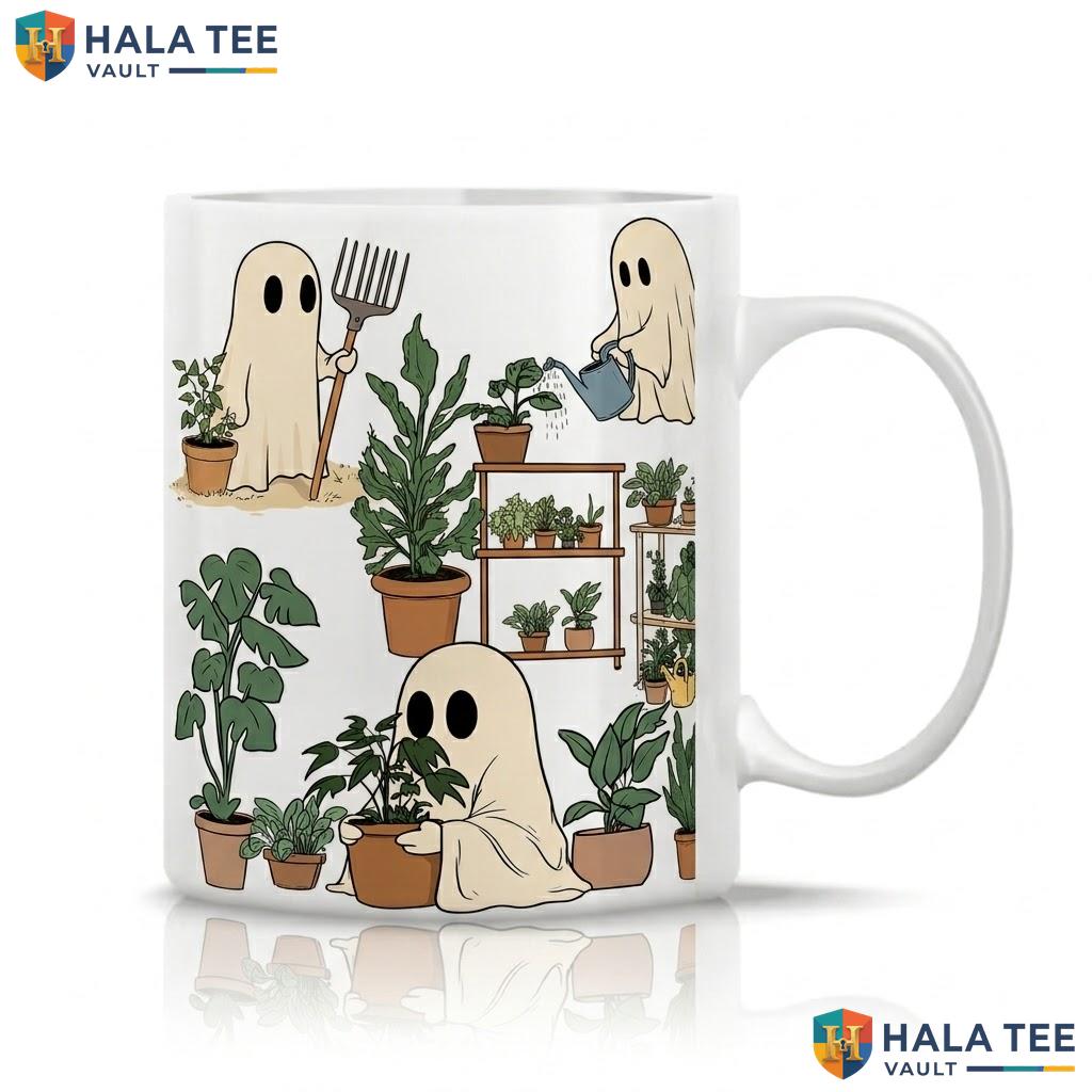 Three Ghost Plant Lover Ceramic Mug Funny Halloween Gardening Coffee Cup