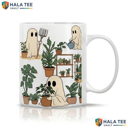 Three Ghost Plant Lover Ceramic Mug Funny Halloween Gardening Coffee Cup