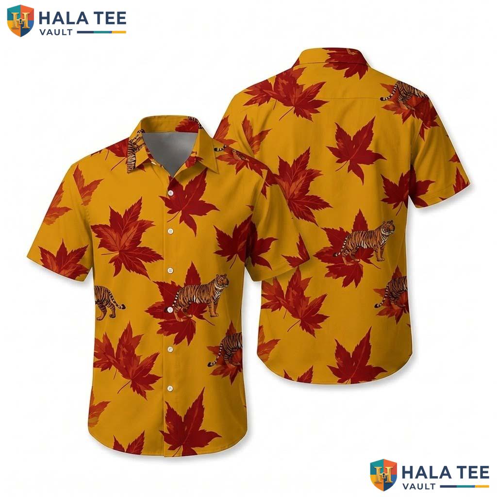 Tiger Maple Leaf Thanksgiving Hawaiian Shirt Mens Casual Dress Apparel