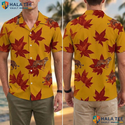 Tiger Maple Leaf Thanksgiving Tropical Shirt Mens Casual Dress Apparel