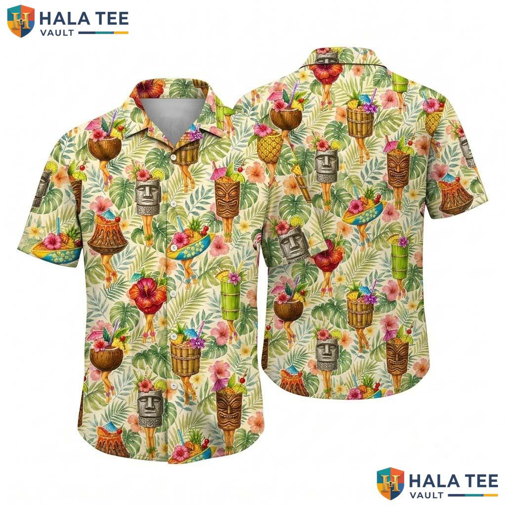 Tiki Drinks Graphic Farm Life Hawaiian Shirt Mens Aloha Vacation Top