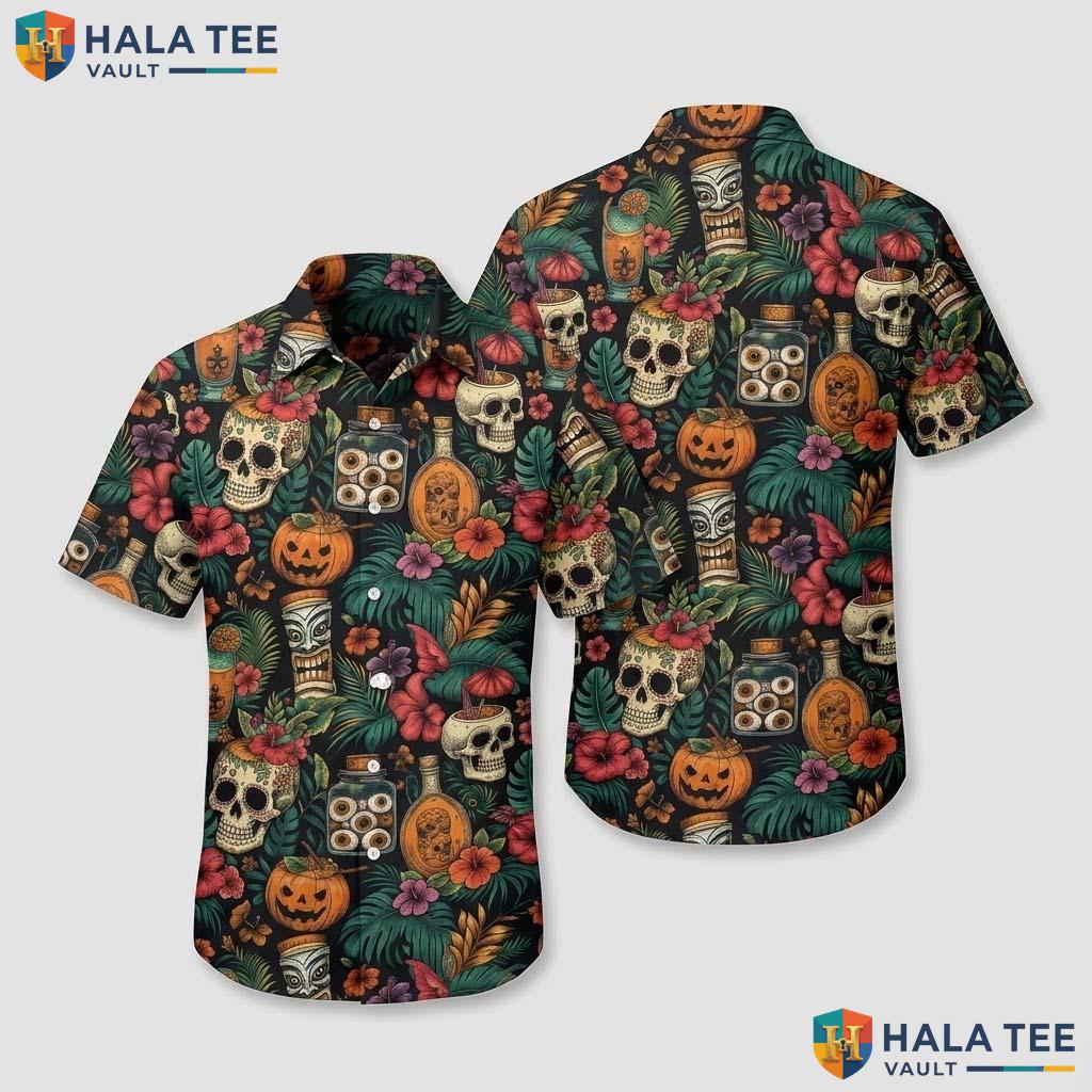 Tiki Skull Halloween Hawaiian Shirt Vintage Summerween Gothic Aloha