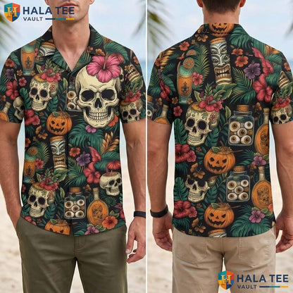Tiki Skull Halloween Hawaiian Shirt Vintage Summerween Gothic Aloha Adult