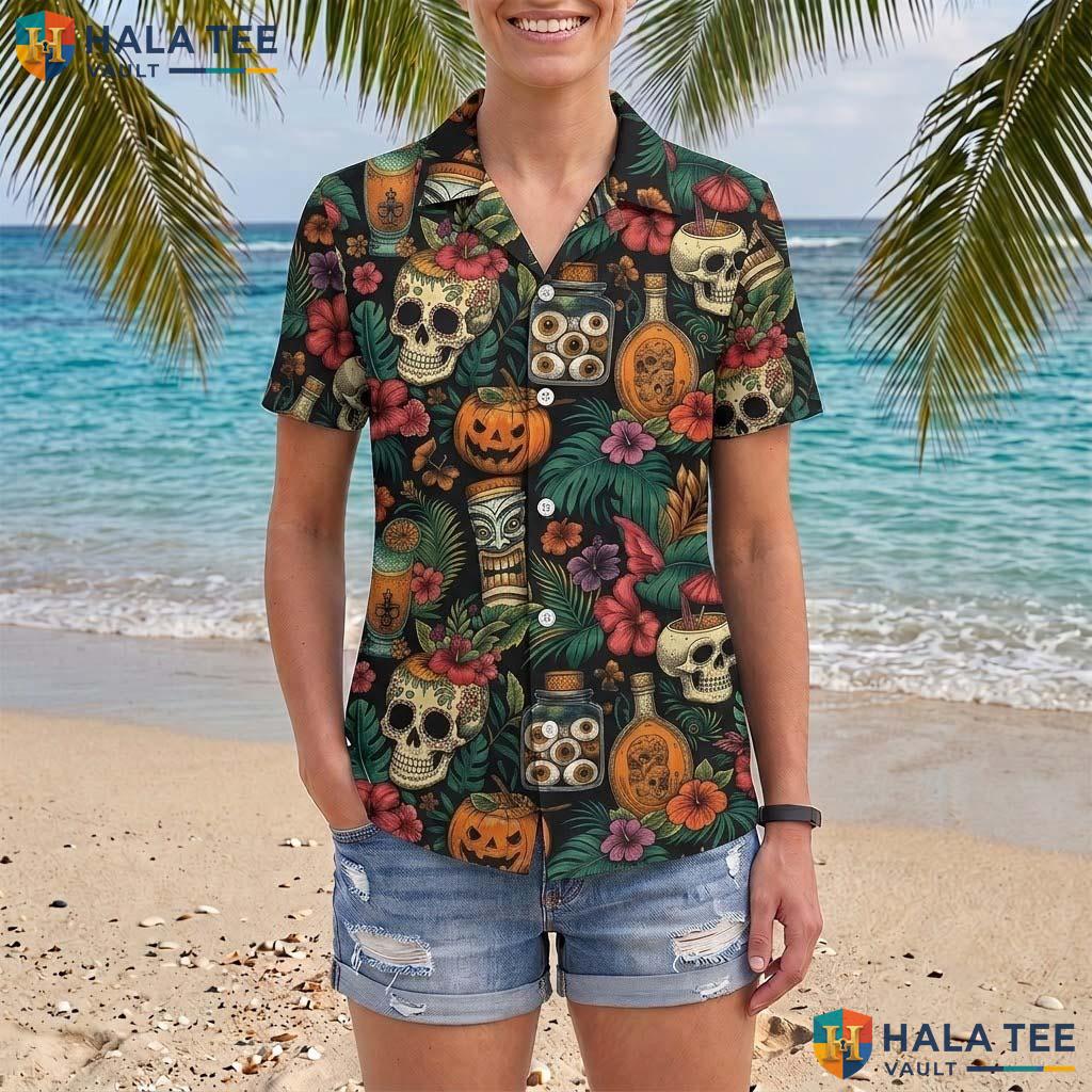 Tiki Skull Halloween Hawaiian Shirt Vintage Summerween Gothic Aloha Adult